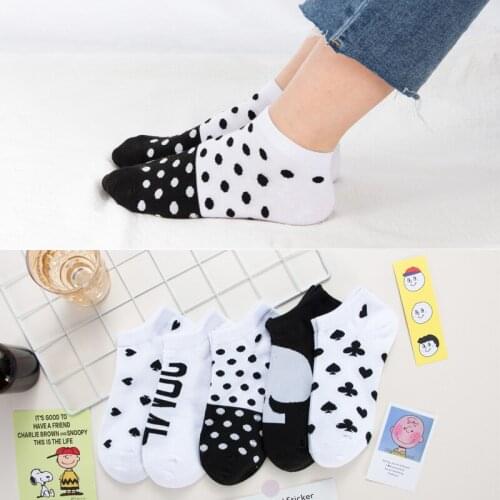 5 Pairs Women Cotton Black and White Poker Street Cute Ankle Socks Cute Funny Print Boat Short Sox Invisible Lady Girl Summer