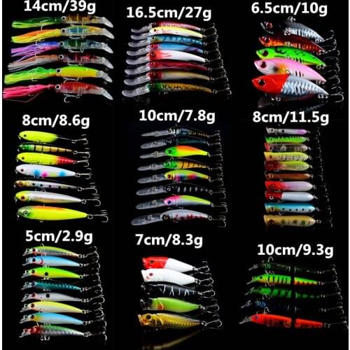 62pcs/set mixed 9 Different Style Fishing bait Artificial Make Bass Crankbait Wobbler Fishing Tackle mix 62 Colors Fishing Lures