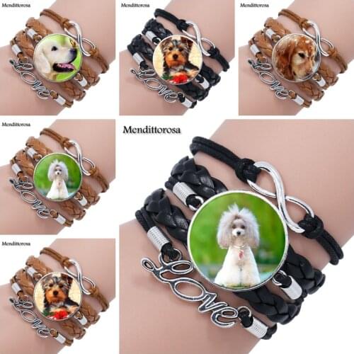 Cute Pet Dogs Labrador Bulldog Poodle Jewelry With Plated Glass Cabochon Multilayer Black/Brown Leather Bracelet Bangle