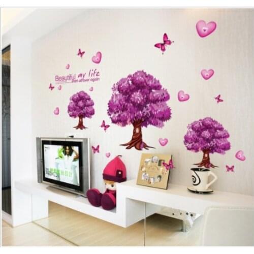 Purple tree love Butterfly flower wall sticker for TV sofa kindergarten living room bedroom home decoration Wedding Decoration A