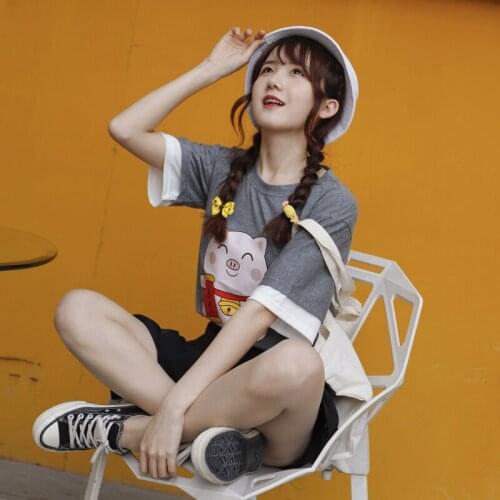 Cute Womens T Shirt Cute Pig Printing Loose Summer Short Sleeve Sweatshirt Girls Fake Two Pieces Patchwork Sweet T-shirt Tops