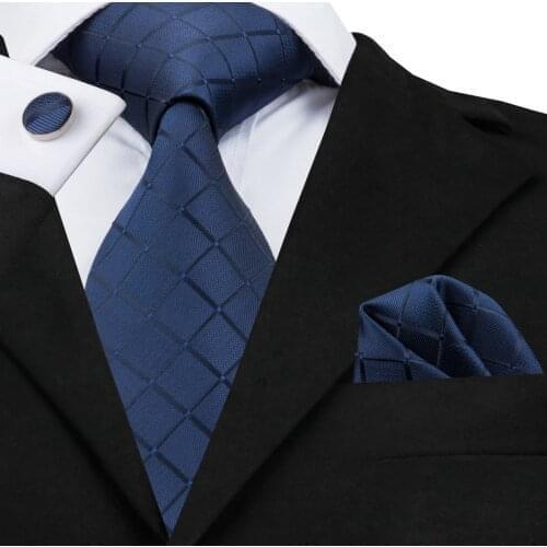 Hi-Tie Hot Blue Silk Tie Plaid Jacquare Woven Ties for Men Necktie and Pocket Square Cufflink Blue Men Tie Set Cravats SN-1656