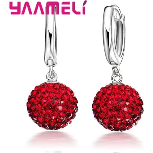Hot Sale 925 Sterling Silver Earrings Austrian Crystal Pave Disco Ball Hoop Lever Back Huggie Pendientes Women Girls Jewelry