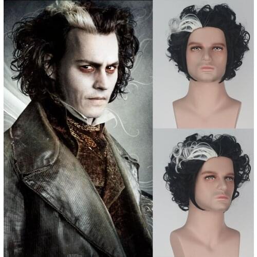 Sweeney Todd Short Black White Curly Hair Men Party Hallowee Costume Wigs
