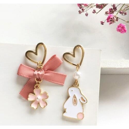 Creative Asymmetric Rabbit Cherry Blossom Earrings Charming Women Wedding Pearl Earrings Accessories Sweet Cute Girl Jewelry