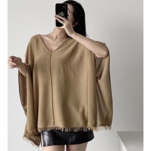 MESTTRAF Women 2021 FashionV-Neck Casual Loose Long Knit Sweater Retro Long-Sleeved Tassel Pullover Streetwear