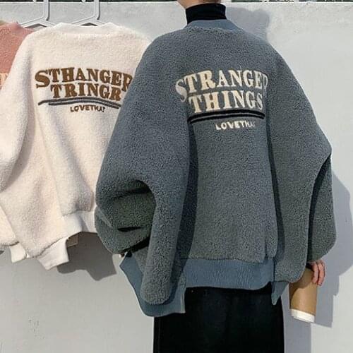 Coat WomenS Loose Lamb Wool Clothing Sweet And Lovely Letter Embroidery Coat Winter O-Neck Zipper Warm Coat WomenS Clothing