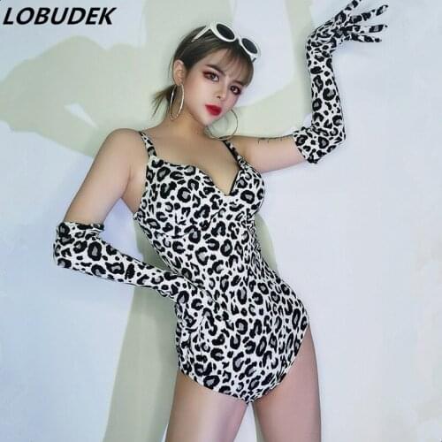 Sexy Nightclub DJ Women Singer Stage Wear Leopard Print Bodysuit Gloves Outfit Lead Dancer Team Jazz Pole Performance Costume