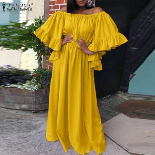 Plus Size ZANZEA Women Elegant Dress 2021 Summer Off Shoulder Maxi Vestidos Casual Floral Sleeve Sundress Ladies Party Long Robe