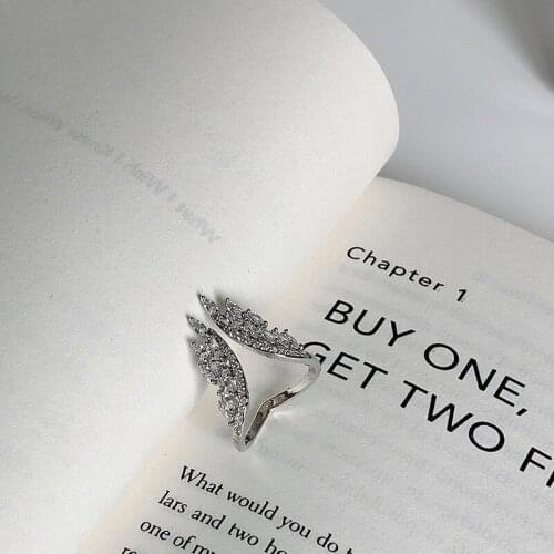 Origin Summer Unique Design Wings Feathers Open Ring for Women Fashion Bling Bling Rhinestone Adjustable Ring Jewelry Gifts