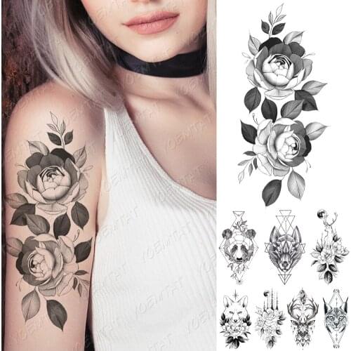 Waterproof Temporary Tattoo Sticker Rose Flowers Fox Panda Deer Tattoos Moon Wolf Body Art Arm Fake Sleeve Tatoo Women Men