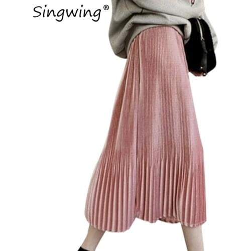 Singwing Gold velvet Long skirt female sweet pleated Women skirt solid color Brief Velvet Fashion High Waist Pleated Long Skirt