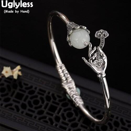 Uglyless Real Natural Jade Flower Bangles for Women Silver Buddha Hand Lotus Open Bangle Solid 925 Silver Bracelets Fine Jewelry