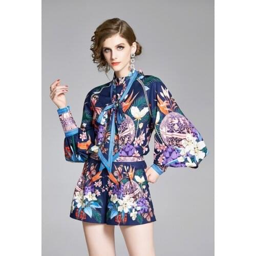 2020 Summer Holiday Floral Printed Twinest 2 Piece Set Lantern Sleeve Bow Blouse Shirt and Pocket Shorts Mini Pant Vocation Sets