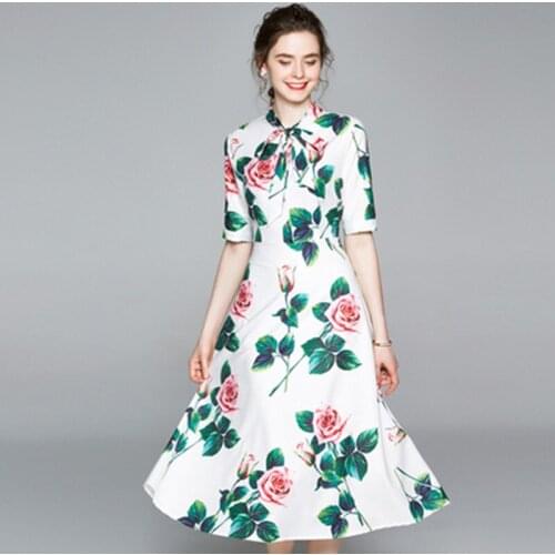 Designer Runway Lady Fashion Dress 2020 Summer Floral Elegant Dress Women Short Sleeve Bow Neck Office Holiday Dresses