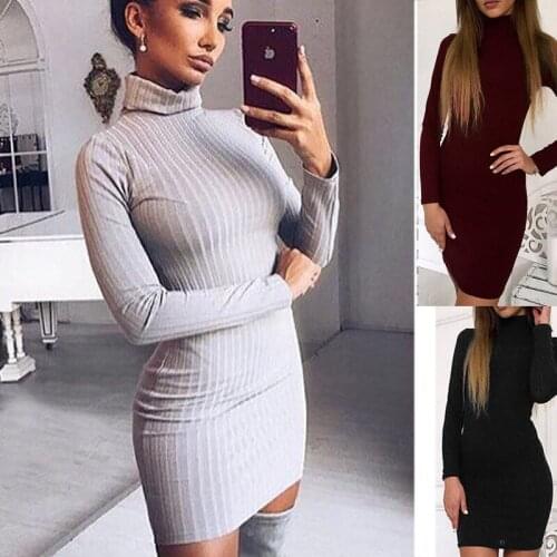 2021 New Vestidos Autumn Winter Women Sweater Dress Rib Solid Color Slim O-Neck Long-Sleeved Casual Long Knit Dress