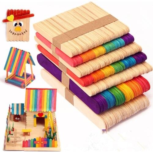 50Pcs/Lot Colored Wooden Popsicle Sticks Natural Wood Ice Cream Sticks Kids DIY Hand Crafts Art Ice Cream Lolly Cake Tools
