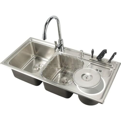 910*430*210mm) 304 Stainless Steel Kitchen Sink Brushed Vessel Set With Faucet Double Sinks Undermount Kitchen Washing Vanity