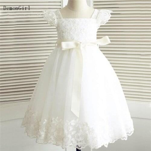 White Lace Applique Flower Girl Dresses Cap Sleeves Little Princess Dress for Birthday First Communion Gown