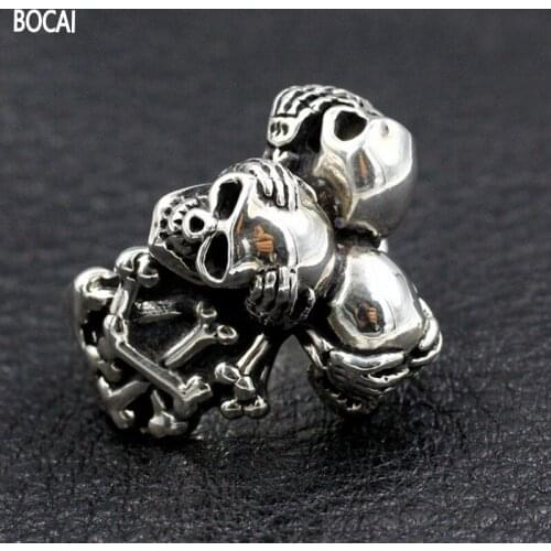 BOCAI New Solid Silver 925 Handmade Mens Ring don't say/don't look/don't listen/three-no Skull Ring philosophical Mens Jewelry