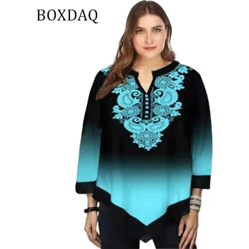 BOXDAQ New Women Bohemian Irregular Gradient Print Shirt Loose Plus Size Casual Tops Female V-Neck Button Chiffon Blouses Autumn
