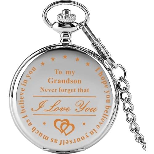 Steampunk I Love You To My Grandson Black Silver Quartz Pocket Watch for Boy Kids Clock Fob Pendant Chain Gift Reloj de bolsillo