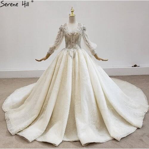 Ivory Long Sleeves Luxury Wedding Dresses 2020 Dubai V-Neck Beading Pearls Bridal Gowns HX0181 Custom Made