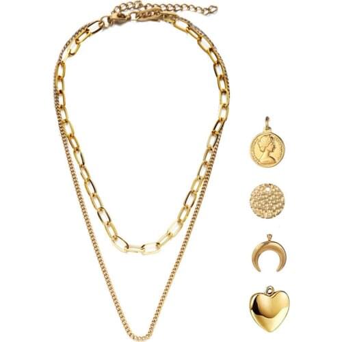 Stainless Steel Double Layers Beauty Head Coin Moon Heart Pendant Necklace for Women Square Chain Choker Collar Jewelry