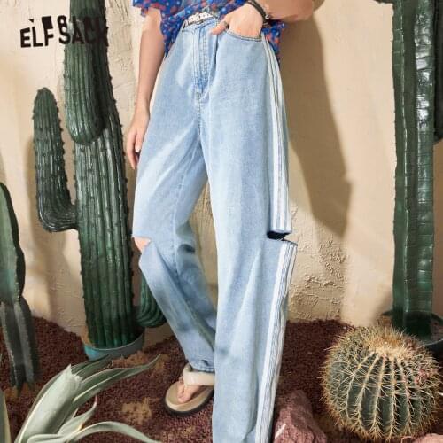 ELFSACK Solid High Waist Washed Casual Denim Jeans Women,2021 Summer Pure Ripped Hole Minimalist Ladies Basic Daily Trouser