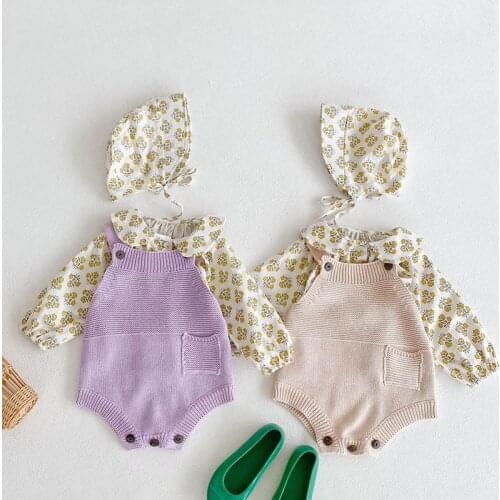Toddler Baby Clothing Set Knitting Pocket Rompers+Cotton Printing T-shirt+Hat Autumn Spring Infant Baby Girls Clothes Suit