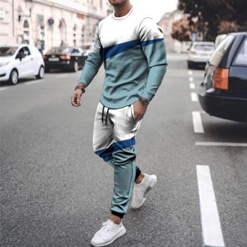 Fashionable mens 3D stitching printing casual long-sleeved trousers 2-piece set 2021 summer mens casual sportswear slim fit