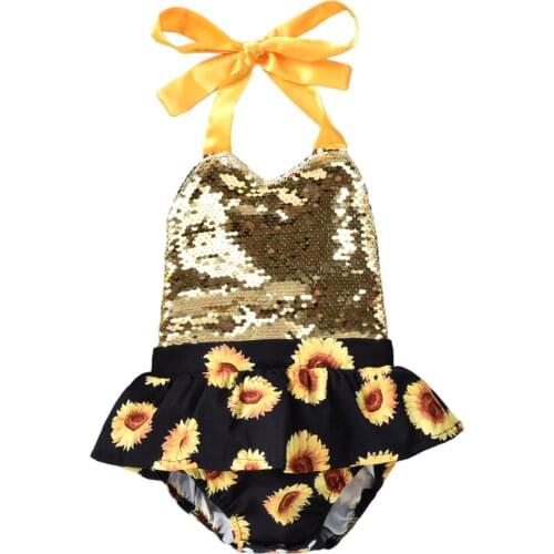 Fashionable Baby Girls Romper Infant Summer Creative Sunflower Printing Sequins Decoration Sleeveless Hanging Neck Jumpsuit