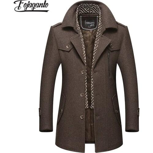 FOJAGANTO Mens Winter Business Woolen Coat Single-Breasted Thick Wool Coat Solid Color Scarf Collar Gentleman Woolen Coat Male