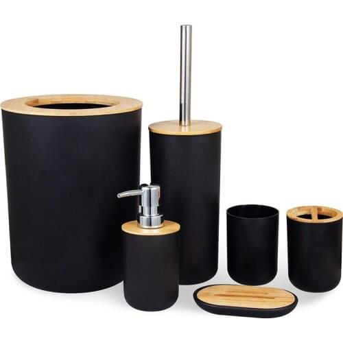 6Pcs Bathroom Accessories Set Bamboo Bathroom Kit Toothbrush Holder Soap Dispenser Toilet Brush Trash Can Bathroom Set