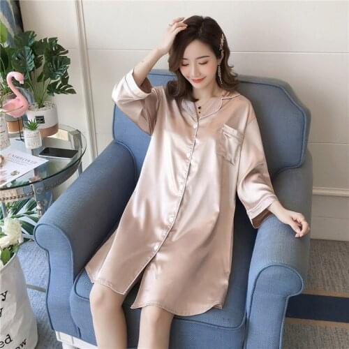 Spring Autumn Solid Color Three Quarter Womens Nightdress Ice Silk Large Size 100kg Fat MM Nightgowns & Sleepshirts Home Wear