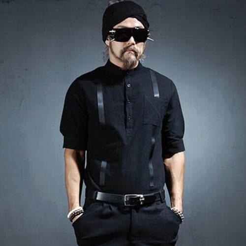 2016 New Mens clothing Summer male personality trend of the fifth sleeve half sleeve linen shirt Stage Singer costumes