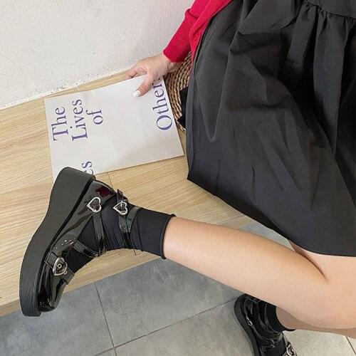 2021 New Women Lolita Shoes Ladies Heart Decoration Ankle Cross Buckle Thick Soled Flat Platform Girls Cute All-Match Footwear