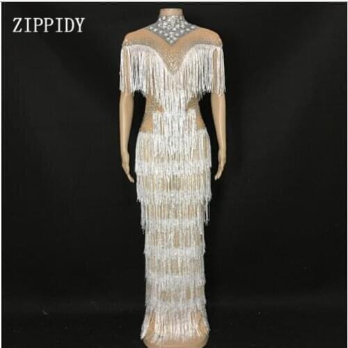 New design Shining Rhinestones Fringes Dress Women Evening Nightclub Stage Women Singer Dancer Long Dress