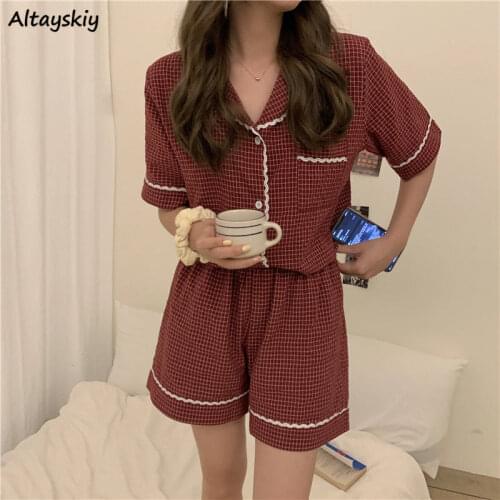 Pajama Sets Women Plaid Elegant Students Korean Style Sleepwear Lace Short Sleeve Pajamas Sweet Ins Chic Lounge Wear Outwear New