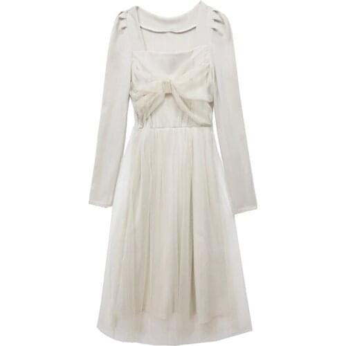 A-line Spring Fall New Style Splicing Elegant Vacation Ukraine Net Yarn Vestido Festa Office Ladies Chic Dress Women