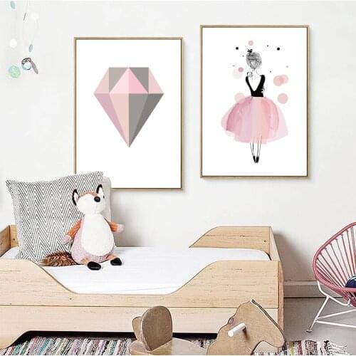 Simple Style Canvas Print Painting Poster Of Pink Diamond and Watercolor Girl,Cartoon Wall Pictures For Room Decoration,No Frame