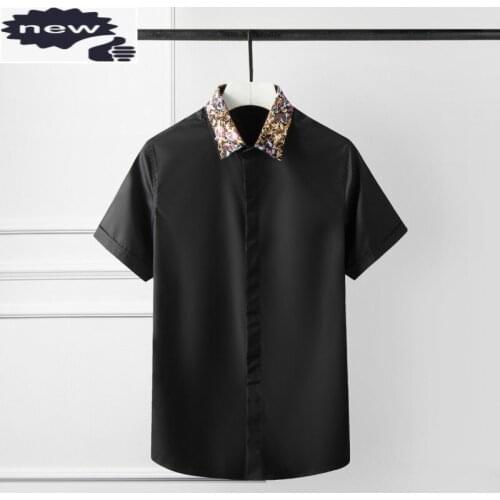 Summer Mens Short Sleeve Shirts Vintage Floral Embroidery Collar Business Man Work Formal Shirt Black White Slim Fit Dress Tops