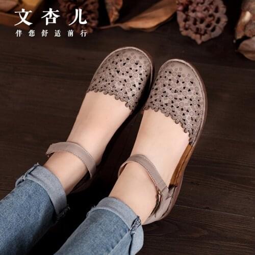 Department handmade sewing leather sandals massage bottom women shoes ventilation net hole hollowed out sandals woman