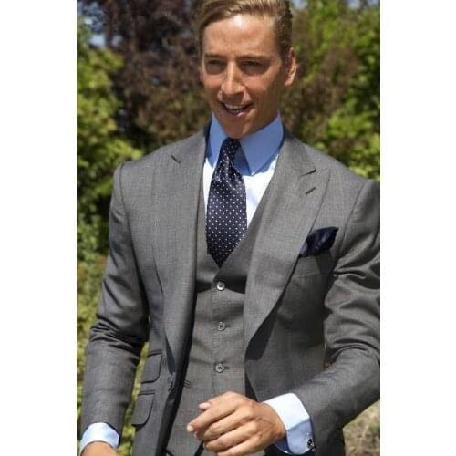 Peaked Lapel Grey Business Men Suit Groom Tuxedos Groomsmen Best Man Blazer Mens Wedding Suits (Jacket+Pants+vest+Tie) 2019