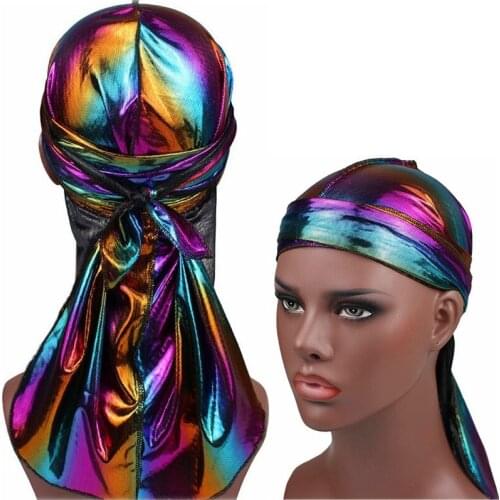 Unisex Mens Durag Hip-Hop Bandanna Cap Rapper Turban Hat Lacing Silky Headband Elastic Satin Du-rag Long Tail Headwear Women