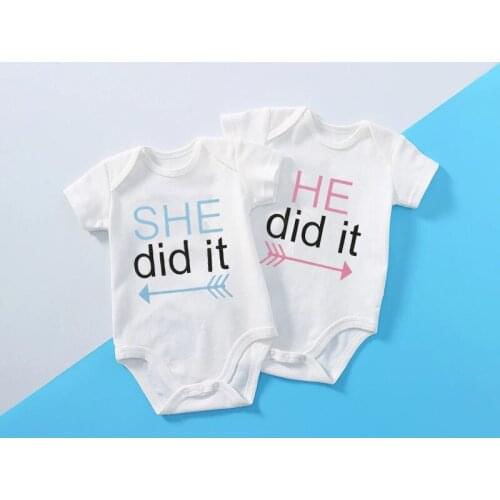 She Did It and He Did It Twins Newborn Baby Boys Girls Rompers Baby Funny Bodysuits Summer Infant Toddler Playsuits Kids Clothes