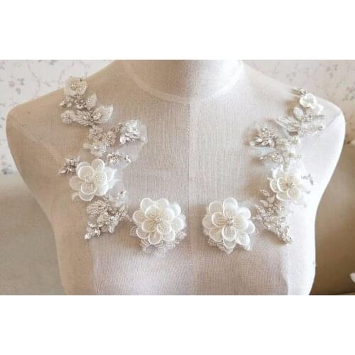 Gorgeous Rhinestone Crystal Applique Pair With 3D Flowers For Bridal Accessories Wedding Dress Sash Haute Couture Costume Decor