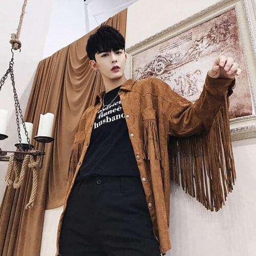 Spring Mens Flannel Shirt Tassel Retro Loose Blouse Tops Black Brown Stylish Shirts Casual B43