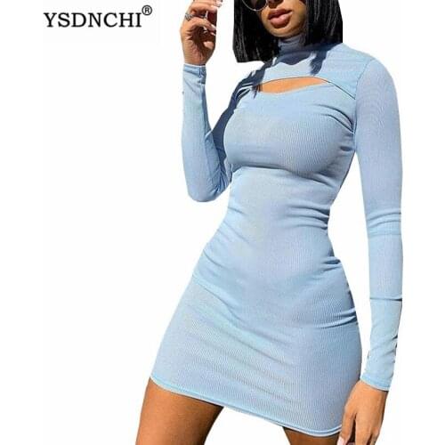 YSDNCHI Streetwear Sexy Dress Long Sleeve High Neck Bodycon Autumn Women Party Elegant Light Blue Hollow Out Short Mini Dresses