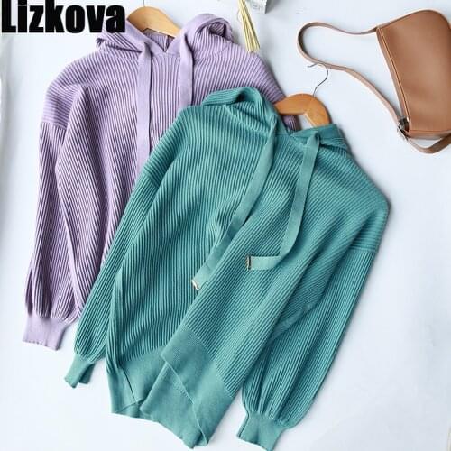 Lizkova Purple Knitted Hooded Sweater Women Harajuku Lantern Sleeve Loose Sweater Winter Ribbed Jumpers